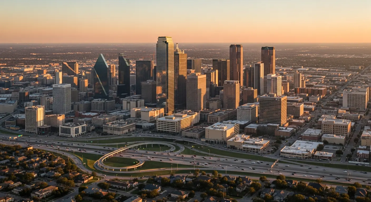 Aerial view of a city at dusk