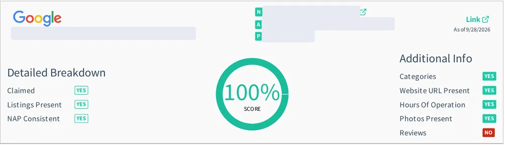Sample Google listing check: claimed, listings present, details consistent, categories, hours, photos, and reviews