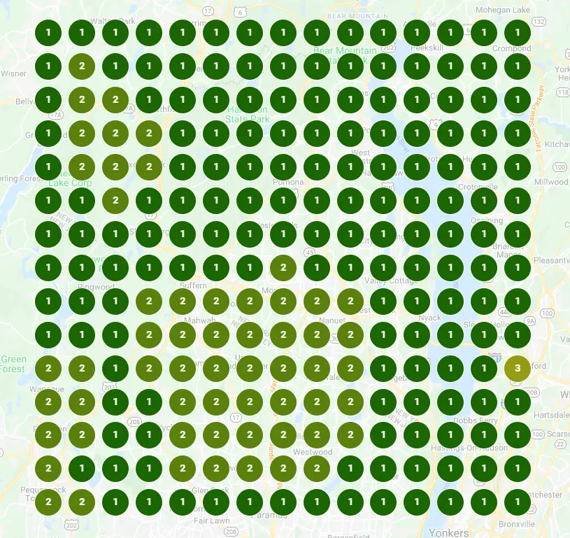 Sample grid scan of Google Maps positions, first or second at almost every point