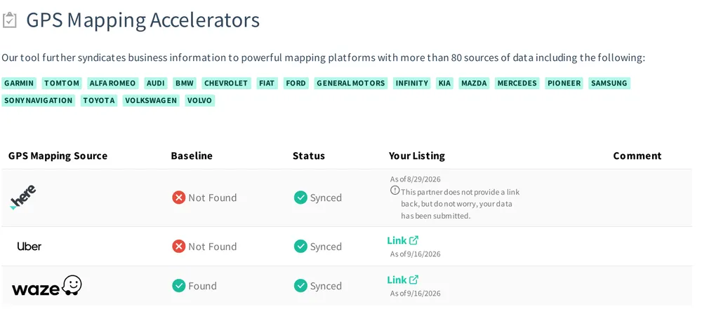 Sample navigation section: GPS and mapping sources with baseline and sync status