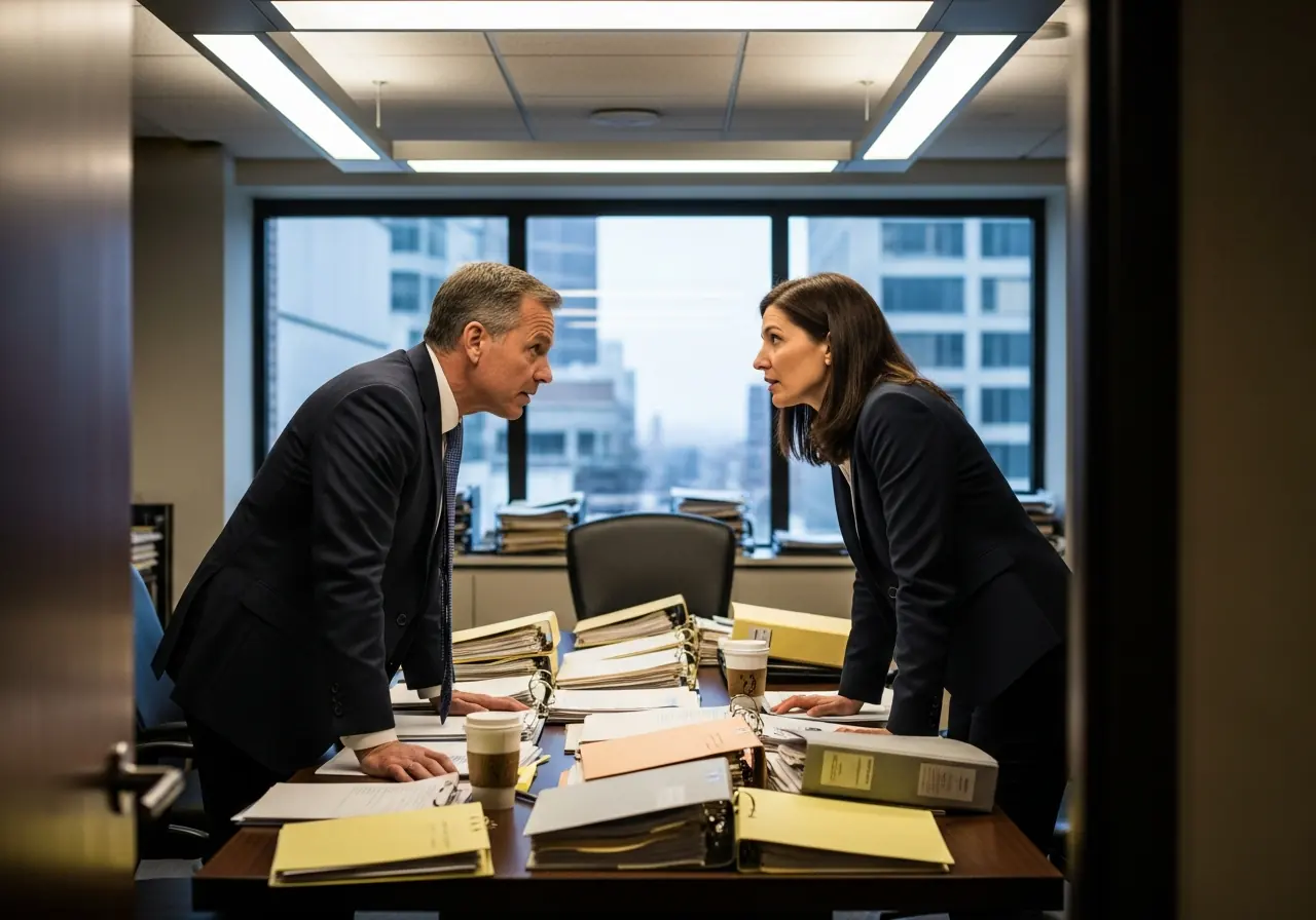 Attorney meeting a client across a desk in a law office