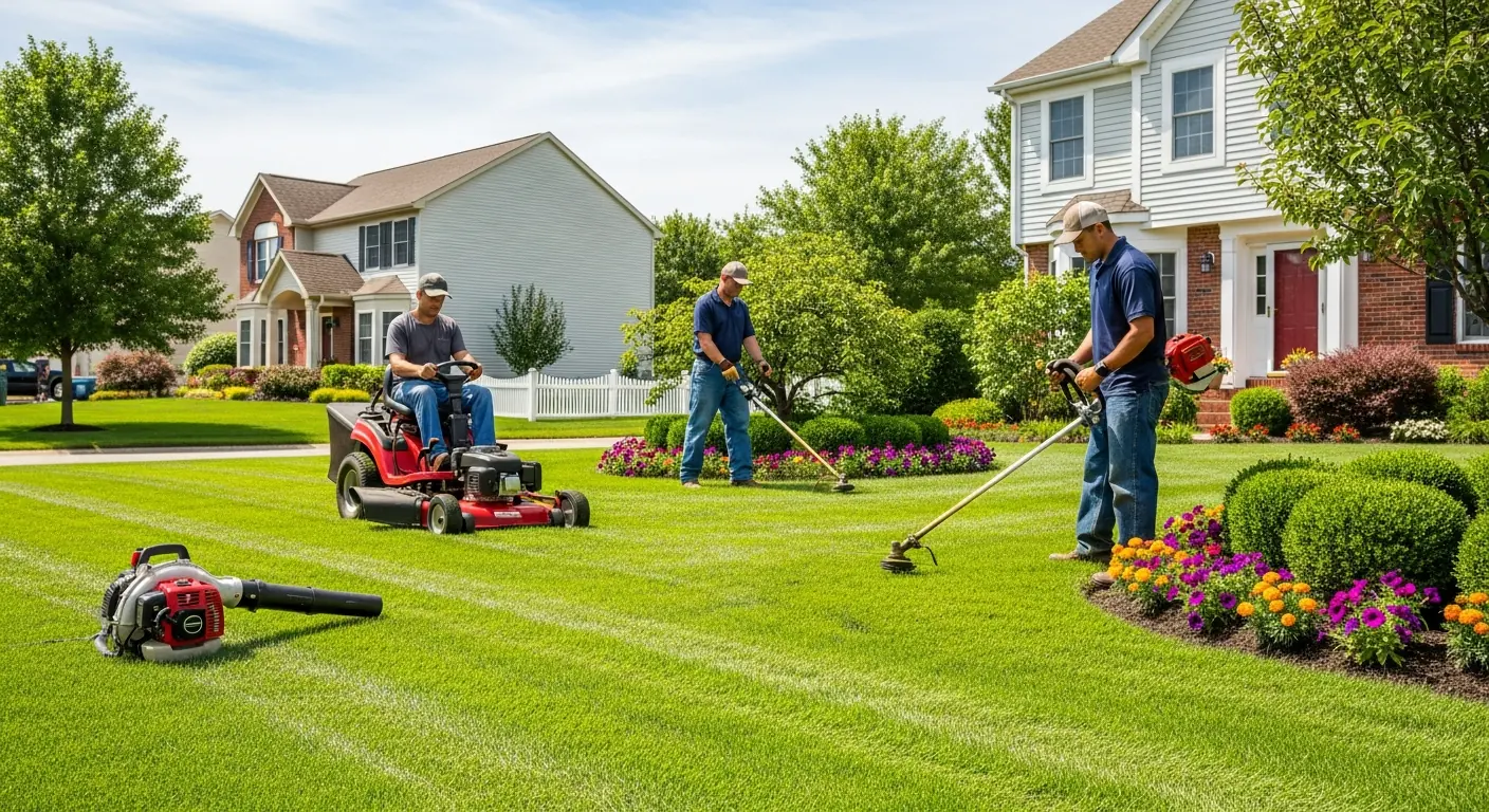 Landscaping crew maintaining a commercial property