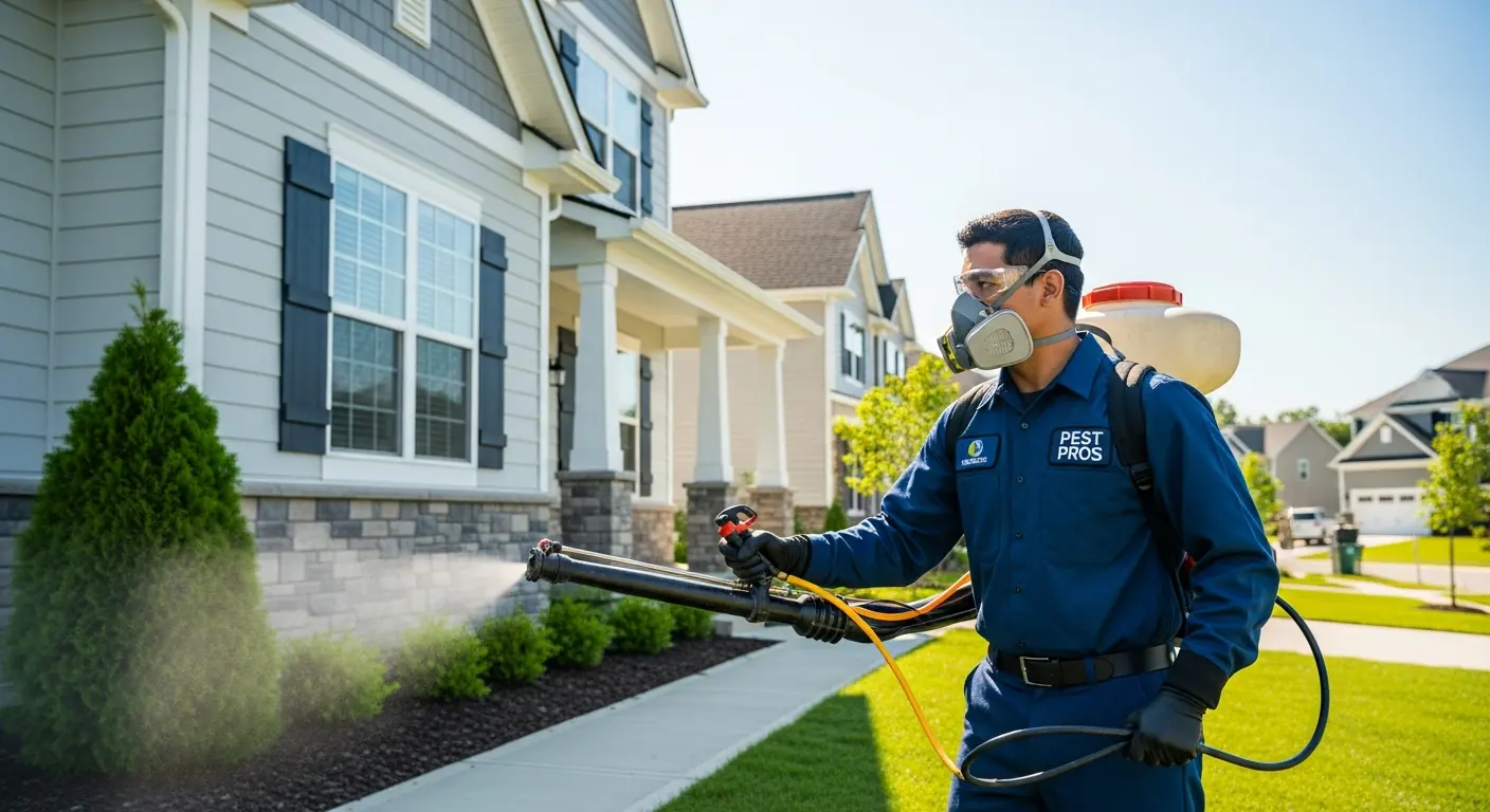 Pest control technician treating the exterior of a home