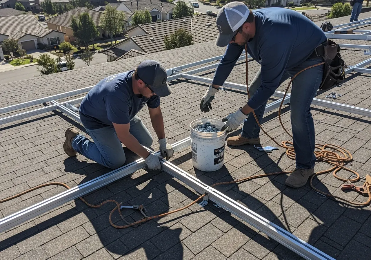 Solar installers fitting panels on a residential roof