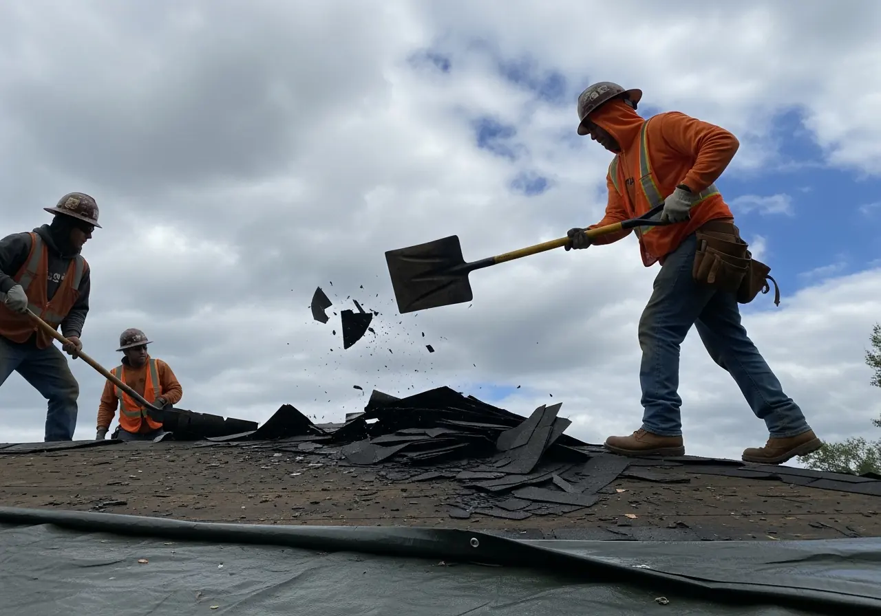 Roofing crew working on a storm damaged residential roof