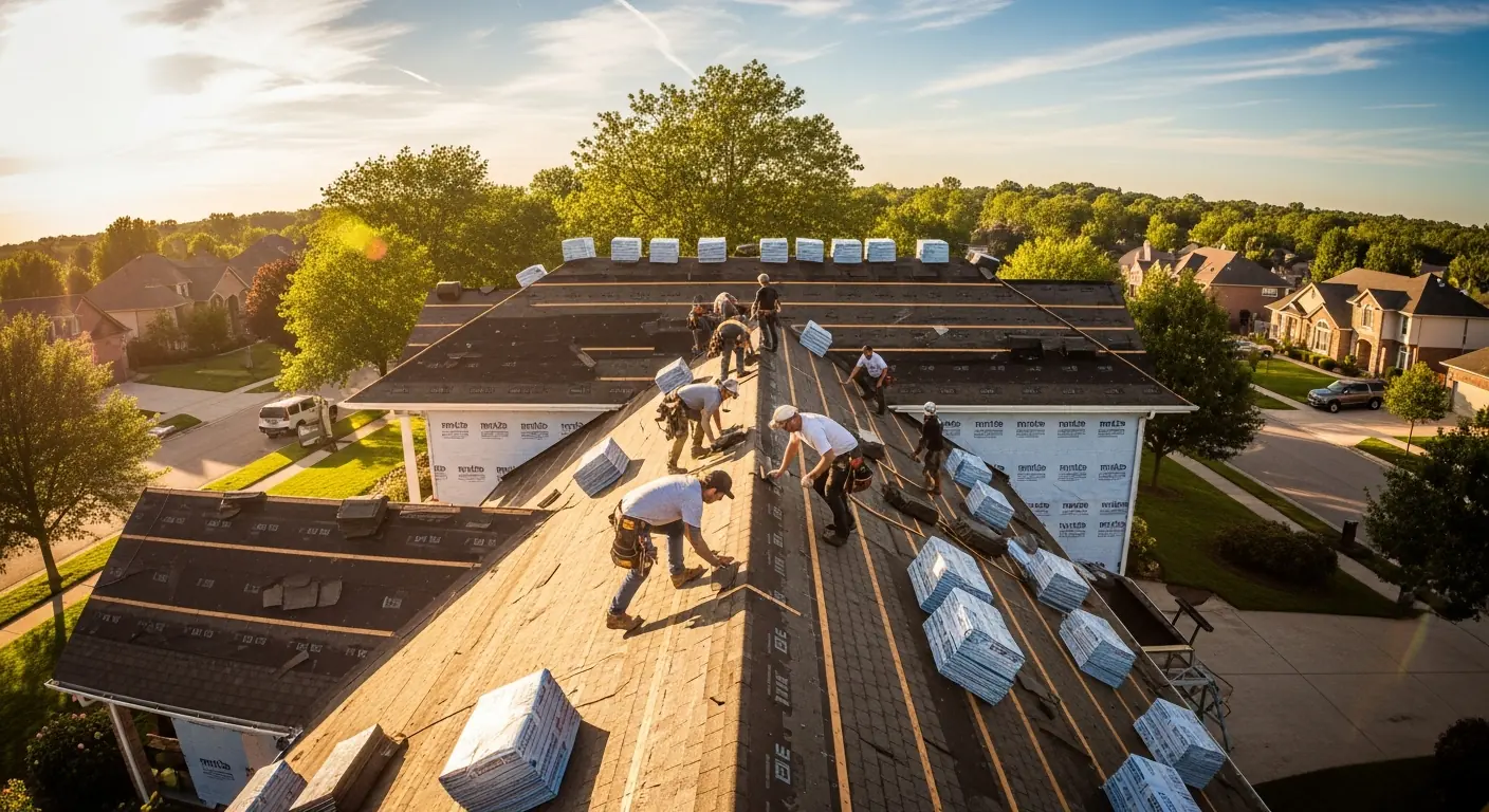 Roofing crew working on a residential roof